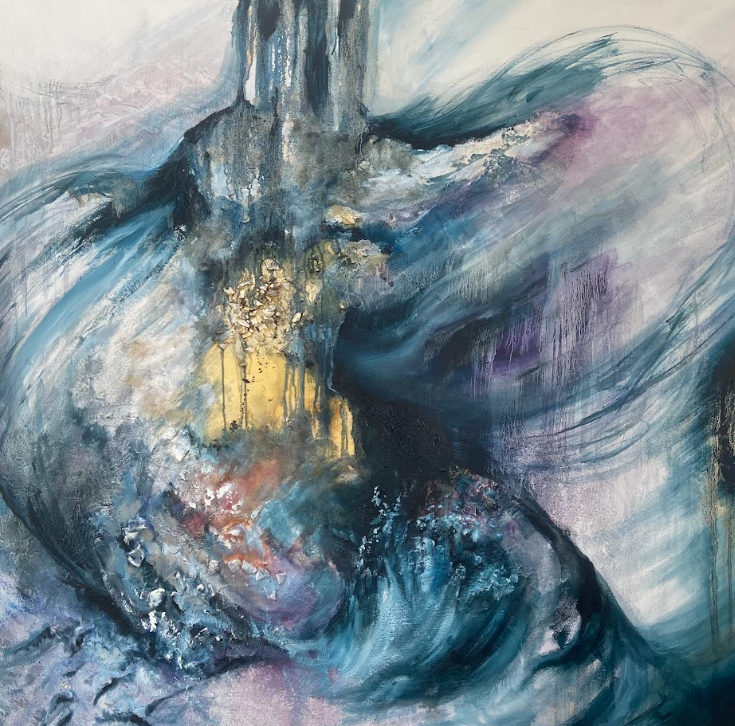 Abstract mixed-media painting with flowing deep blue, teal and lavender waves and a glowing gold center